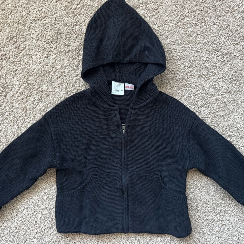 Zara black Knit Zip-Up waffle hooded sweater